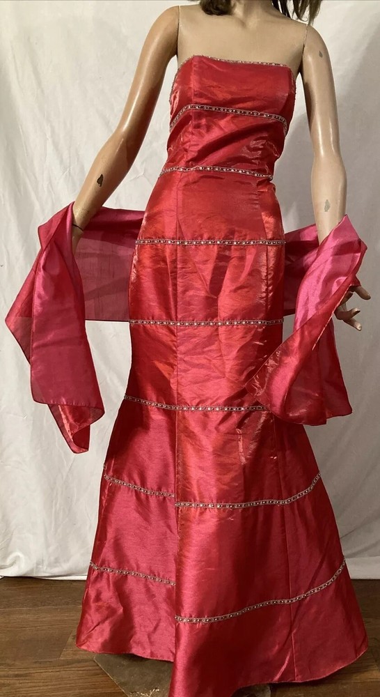 Classic Vintage Prom Gown Iridescent Red Beaded Strapless Formal Dress + Shawl 8