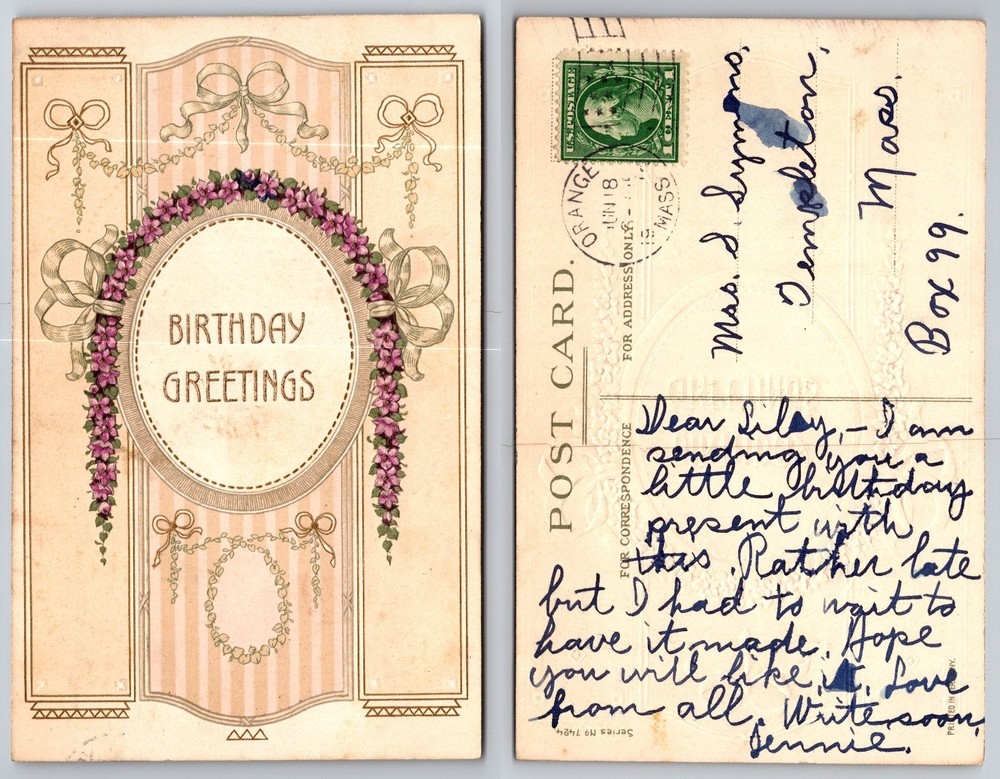 1918 Birthday Greetings Postcard Orange MA Postmark Embossed Floral