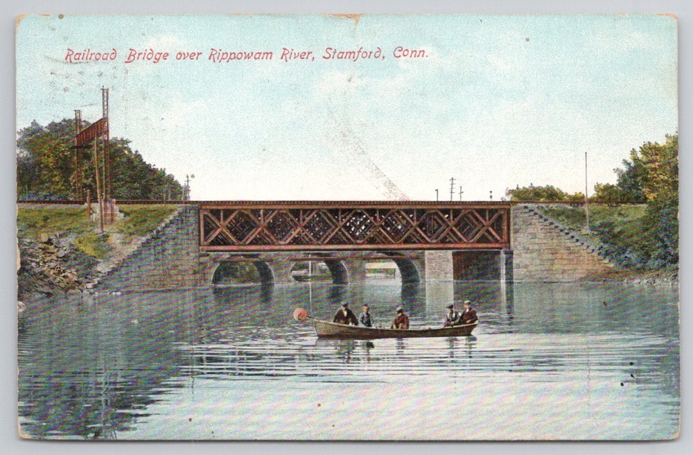 1910 Stamford CT Rippowam River Railroad Bridge Boat Hugh C Leighton Postcard