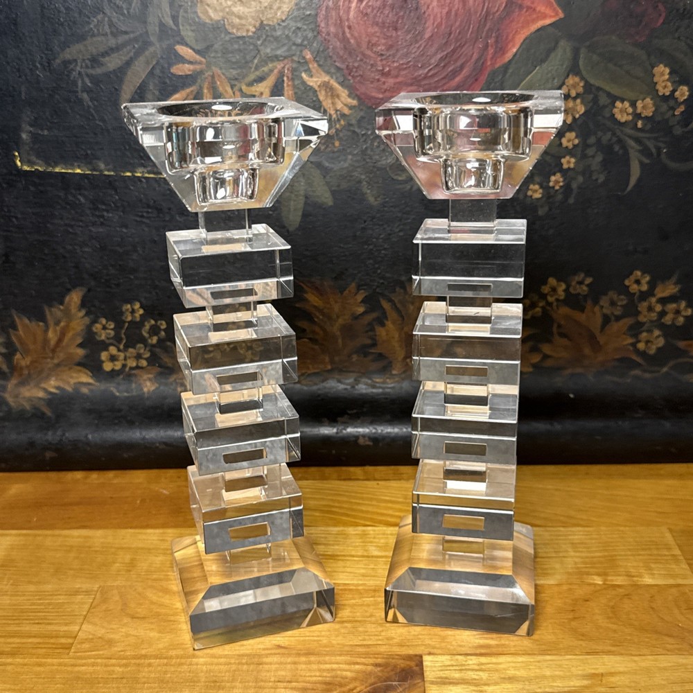 Set of 2 Clear Heavy Glass Square Cube Candlestick Holders 7.5” Art Deco Vintage