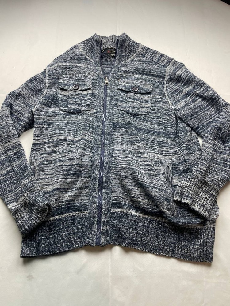 GUESS Sweater Jacket Mens Size XL Blue Full Zip Mock Neck Ribbed Cardigan