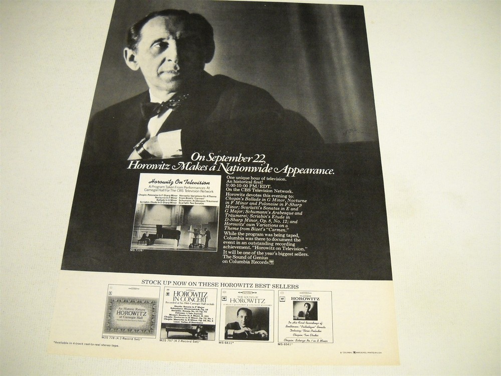 HOROWITZ CBS TV Promo Ad Sept 22 1968 Vintage Display