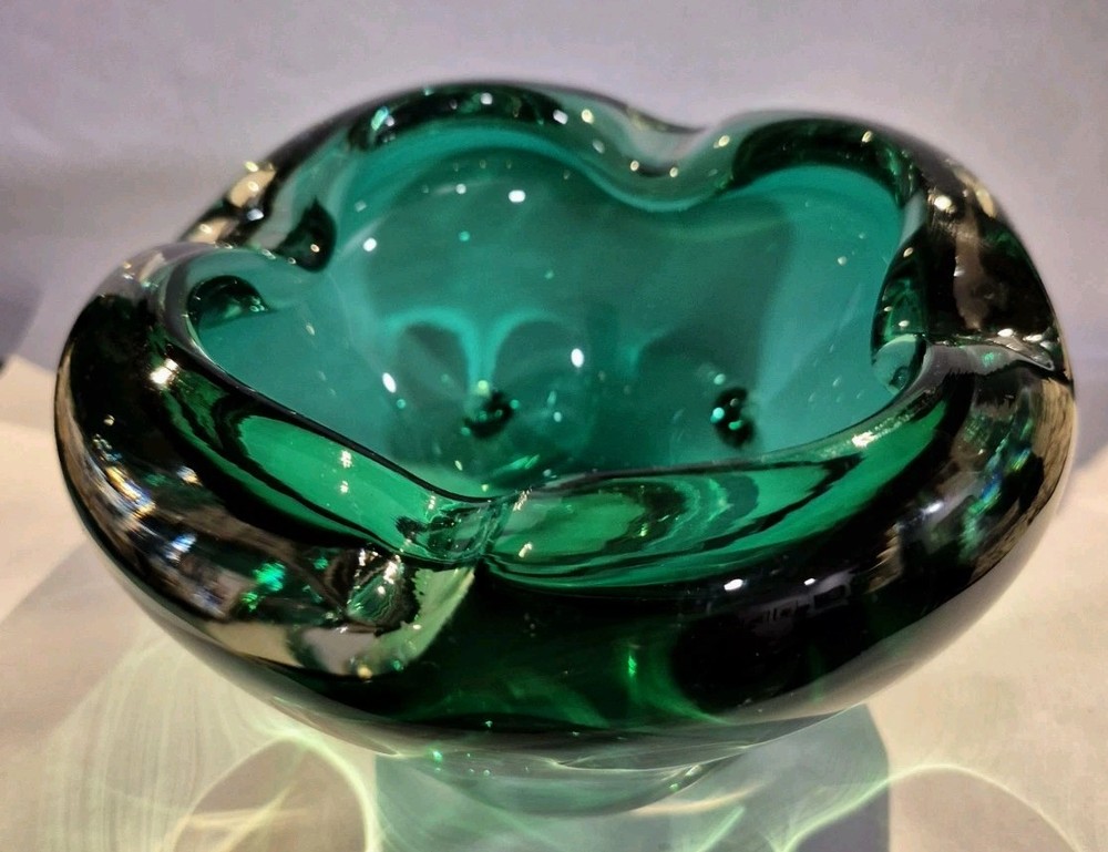 Vintage Mid Century Murano Style Green incased glass Ashtray