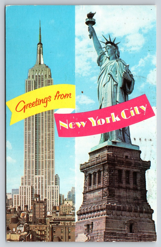 New York City Banner Greetings~Empire State Building & Statue Of Liberty~Vtg PC