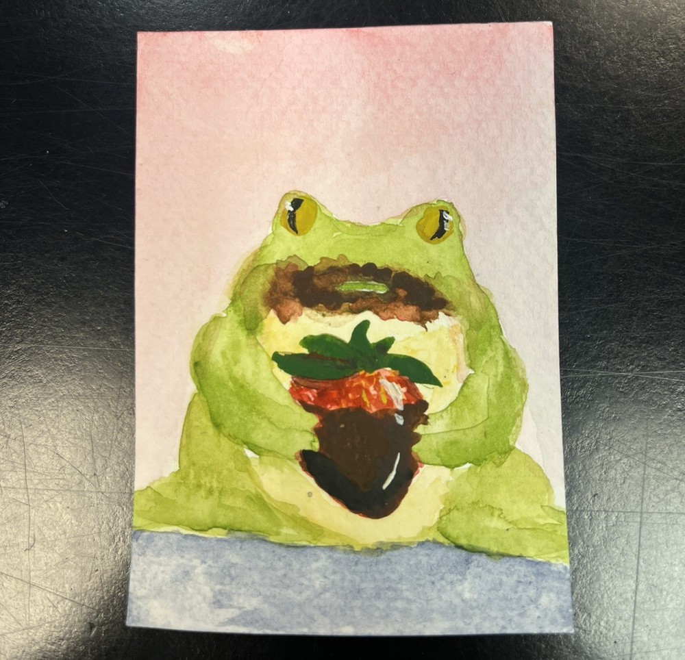 ACEO PRINT Valentines Day Frog sneaks a bite Watercolor Painting 3.5x2.5 in