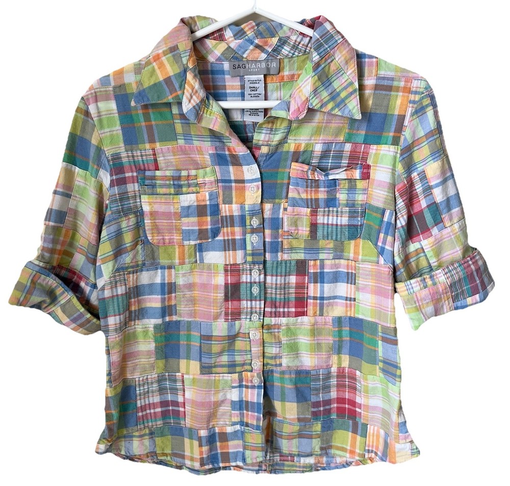 VTG Sag Harbor Womens Button Up Camp Shirt Sz S Pastel Madras Patchwork Plaid