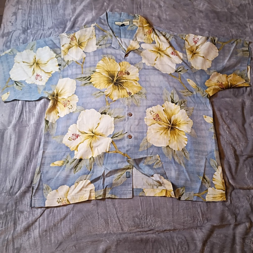 Tommy Bahama Mens XL Blue Silk Hibiscus Floral Hawaiian Camp Shirt Relaxed Fit