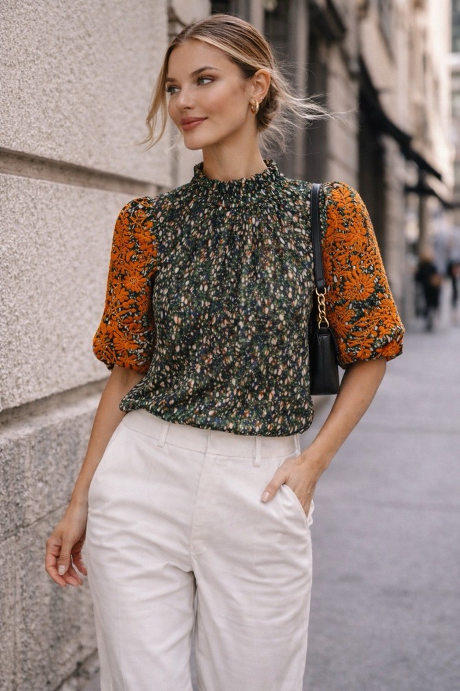THML Green Floral Embroidered Blouse XS Sheer Textured High Neck Statement Top