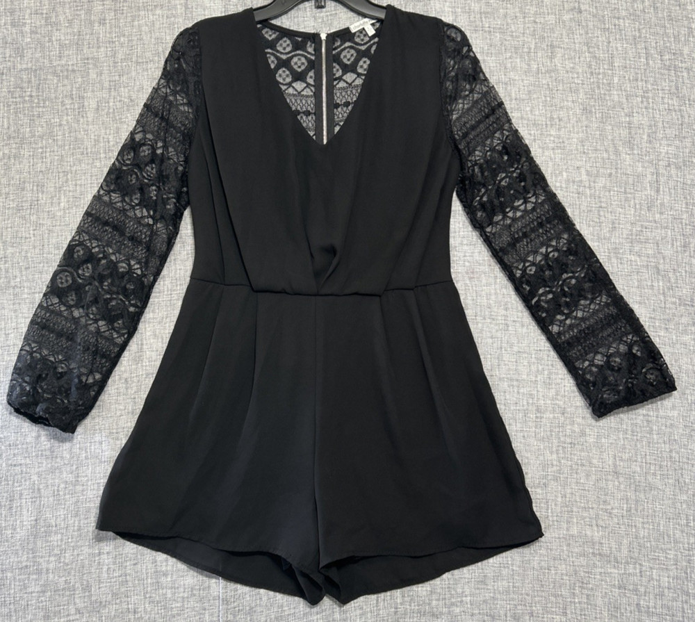 Charlotte Russe Womens Black Lined Short Romper w Long Lace Sleeves Size L