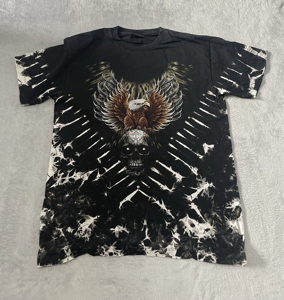 Vintage Studded Skull Eagle Tie Dye Tee in Black & White - Size Large  