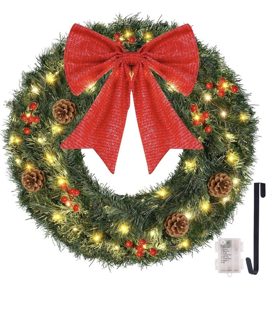 24 Inch Pre-Lit Christmas Wreath with Green LED Lights Timer Bow Pinecones Hanger  