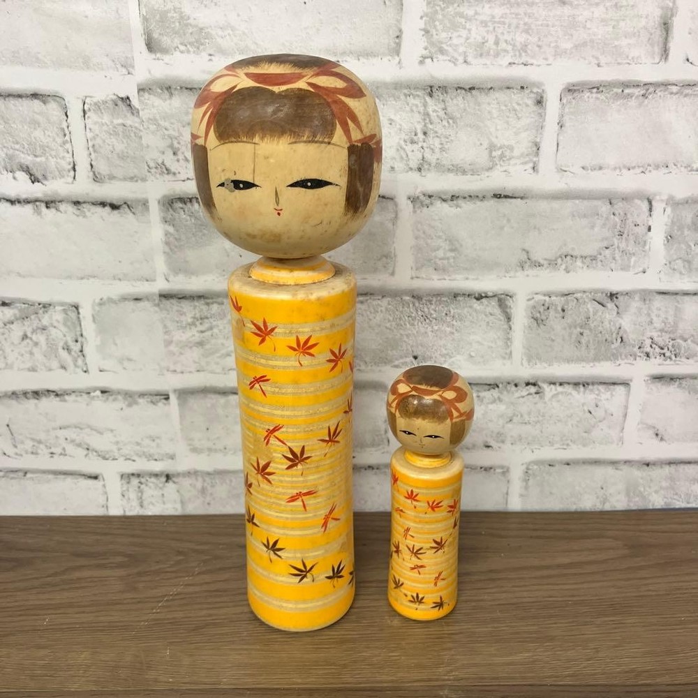 Miho Sasaki Kokeshi Dolls Maple Yellow Dragonfly Traditional Set Vintage 2 pcs