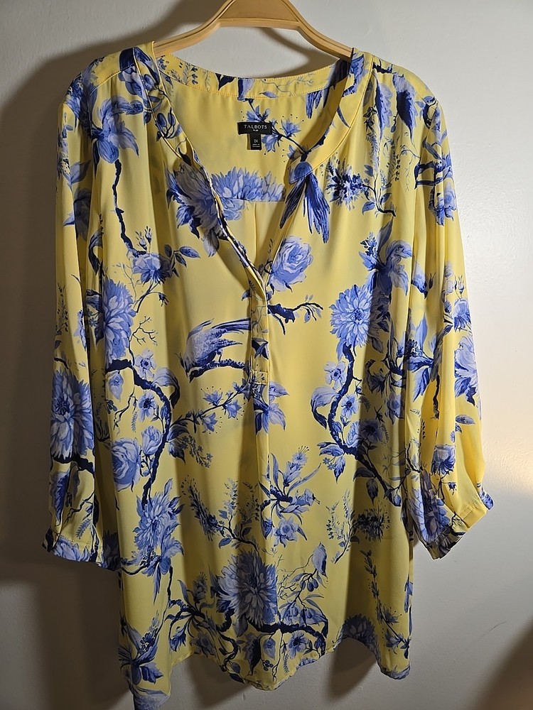 Talbots Yellow Blue Floral Bird Print Half Button Down Size 2X 3/4 Sleeve