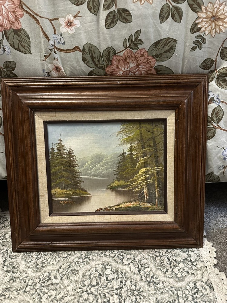 Vtg Mid Century Signed Oil Painting Trees, And LakeFramed 17.5x15 M. Serny