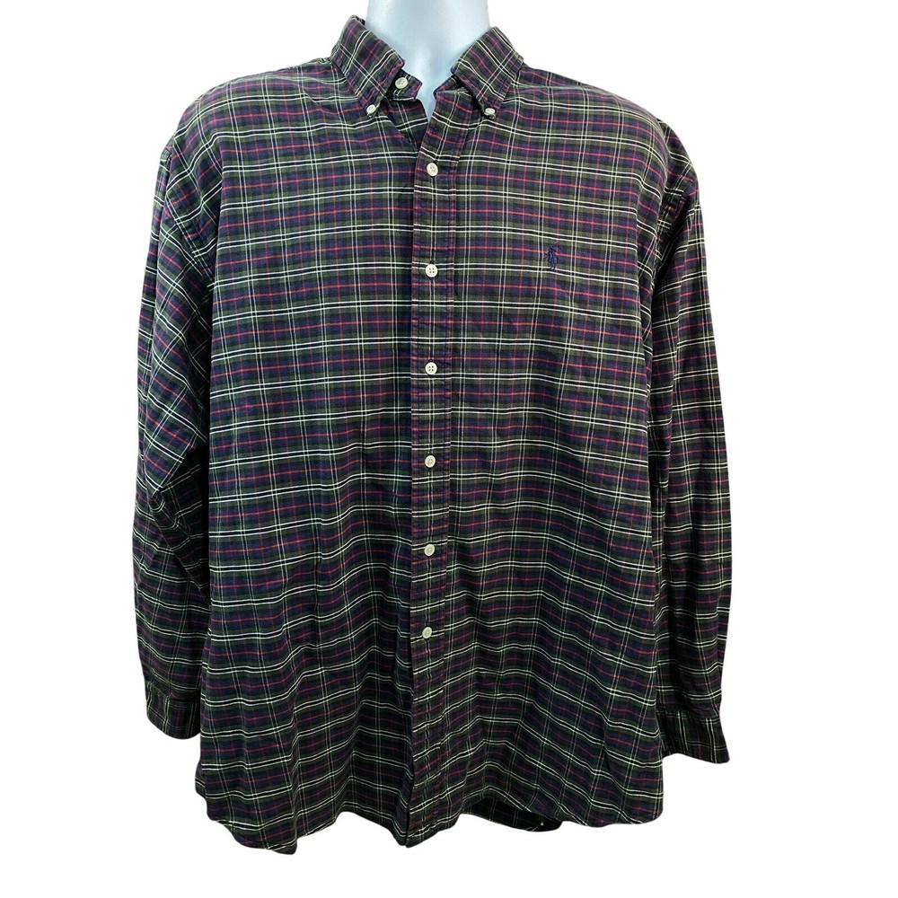 Ralph Lauren Polo Shirt Plaid Green Red XL 100% Cotton