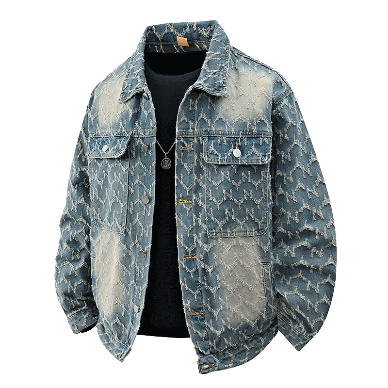 Men's Vintage Embroidered Denim Jacket Streetwear Casual Loose Jean Trucker Coat