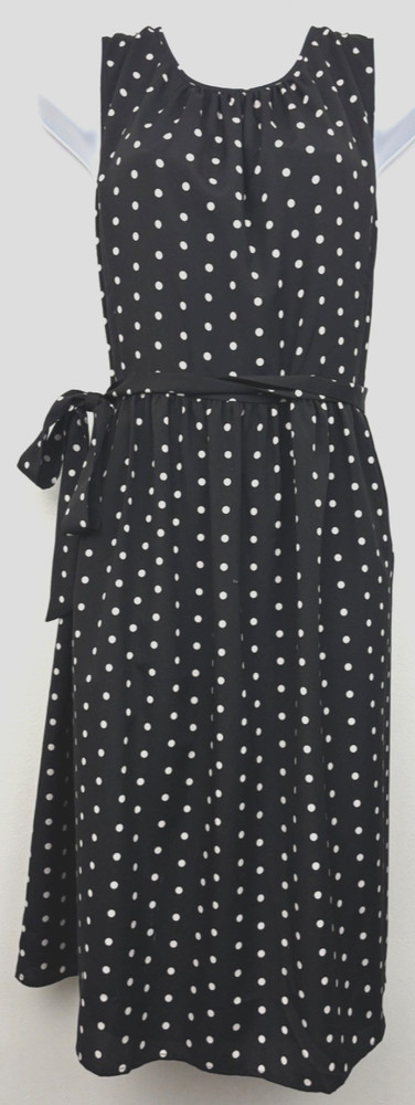 Talbots Black White Polka Dot Sleeveless Midi Dress Tie Waist