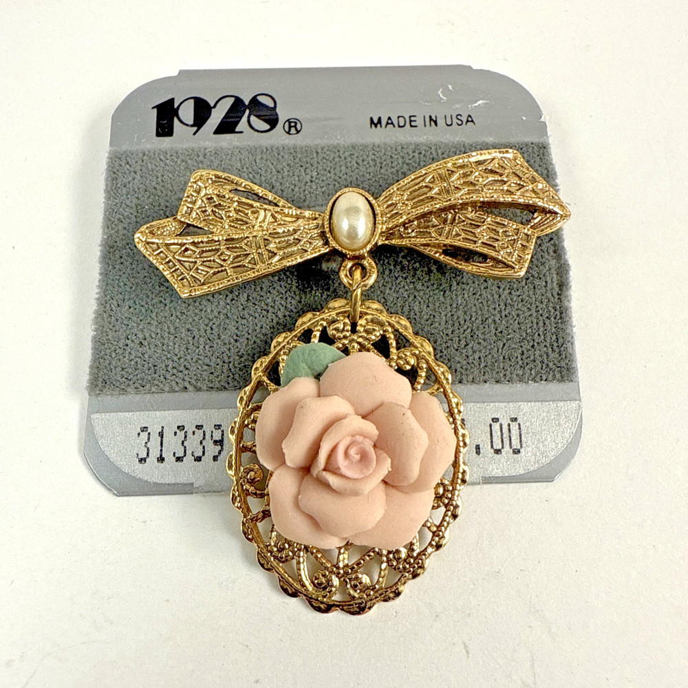Vintage 1928 Brand Pink Porcelain Flower Faux Pearl Gold Tone Bow Dangle Brooch