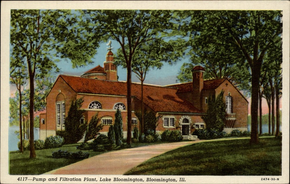 Pump Filtration Plant Lake Bloomington Illinois ~ 1930s linen postcard