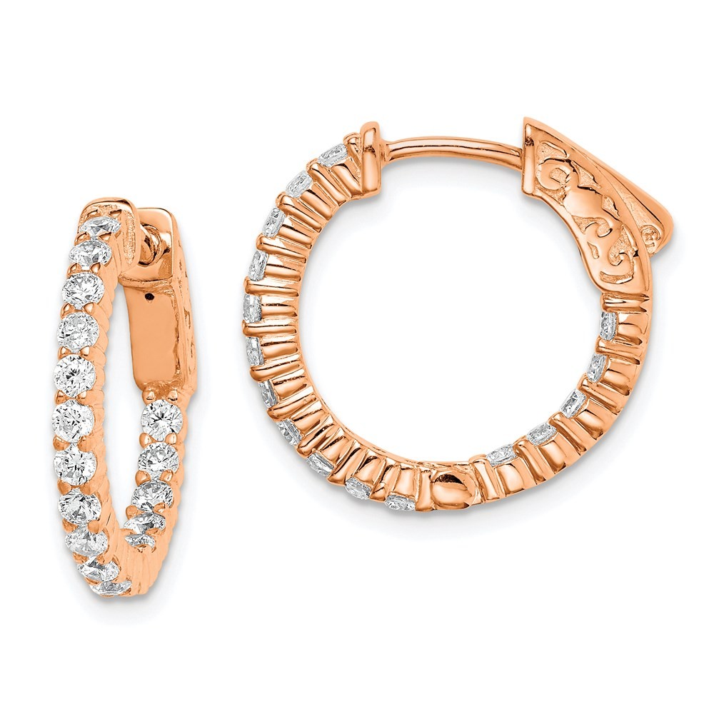 Sterling Silver Rose Gold 2mm CZ Hinged Hoop Earrings