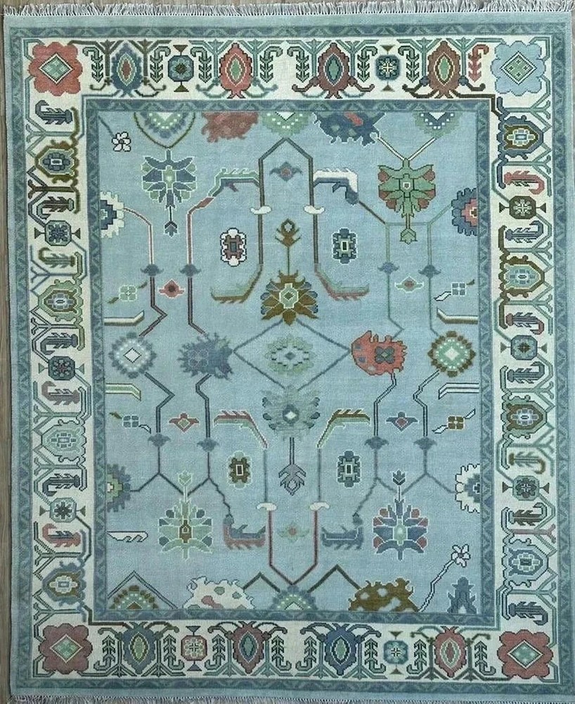Hand Knotted Oushak Rug Light Blue Modern Floral Wool Area Rug Large Living Room