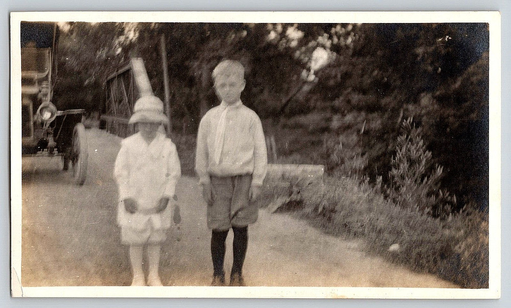 Vintage Old Outdoor Antique Real Photo Picture Image Car Bridge Girl Hat Boy Kid