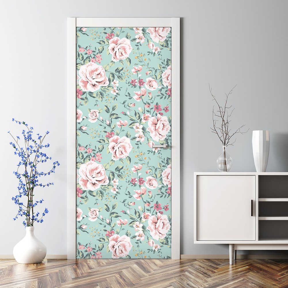 Vintage Pastel Roses Bubble-Free Door Sticker for Nursery or Kids Room