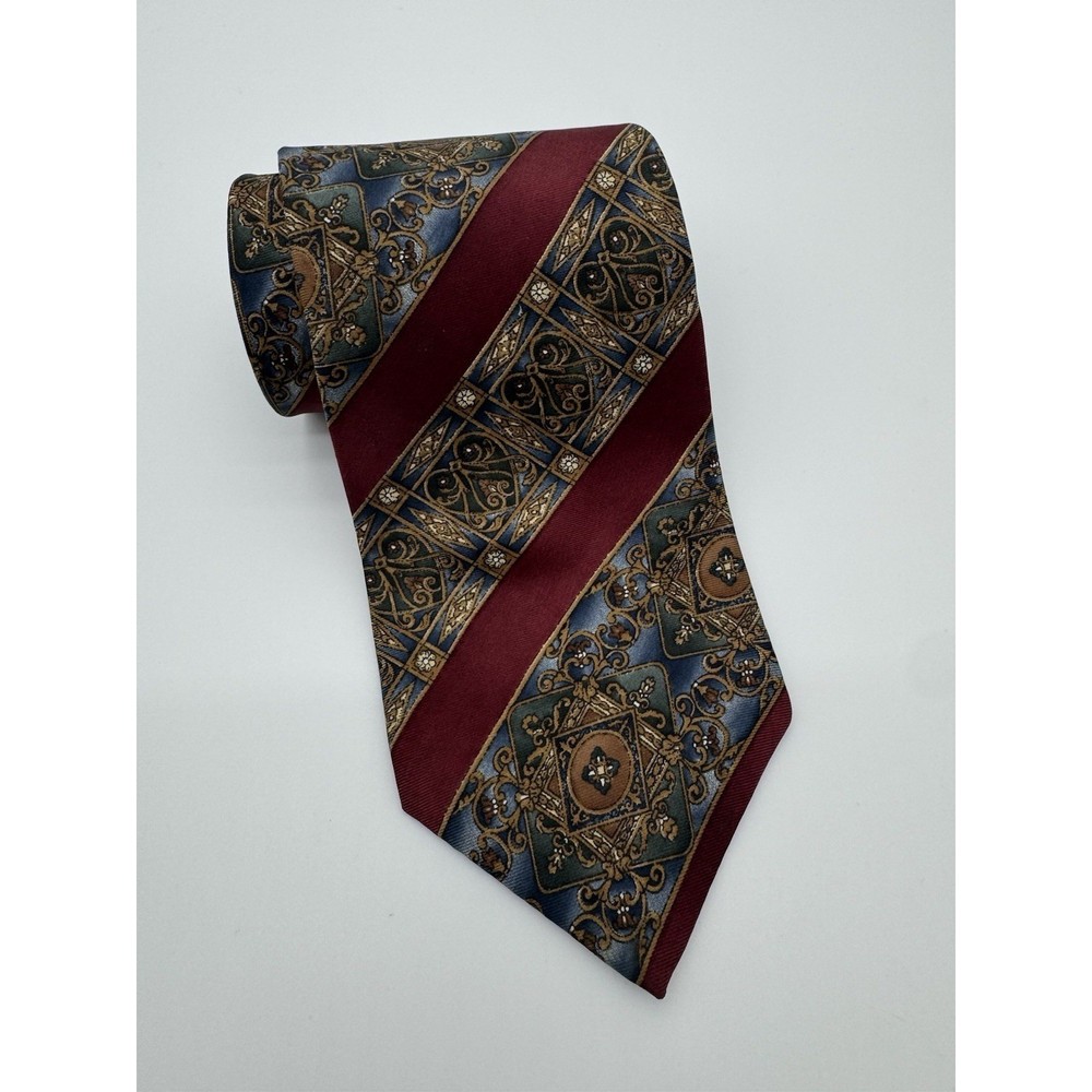 Bill Blass Silk Tie Red Blue Gold Geometric Baroque Medallion Classic Necktie