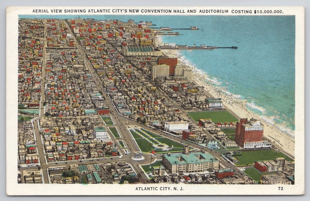 Atlantic City NJ Aerial View Convention Hall 1930s Tichnor Linen Postcard