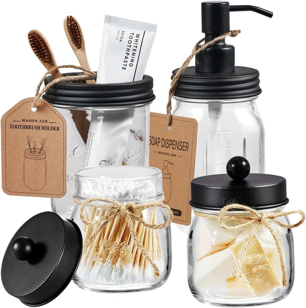Amolliar Mason Jar Bathroom Accessories Set 4 Pcs -Lotion Soap Black, Black