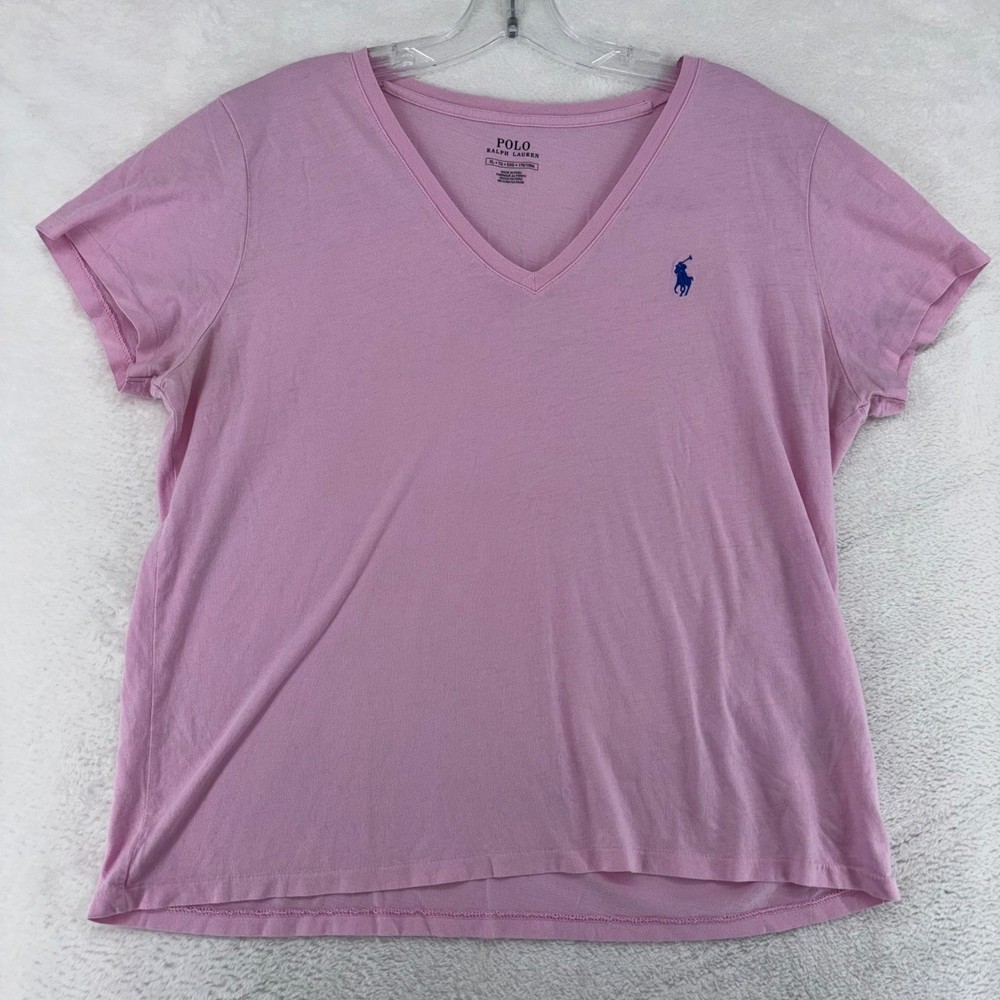 Polo Ralph Lauren Pink V-Neck Short Sleeve T-Shirt Womens XL Blue Pony Logo