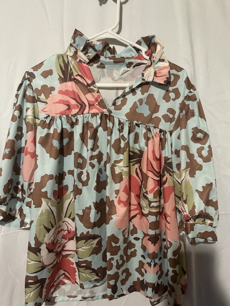 Womens XL Leopard Floral Collared 3/4 Sleeve Pullover Blouse