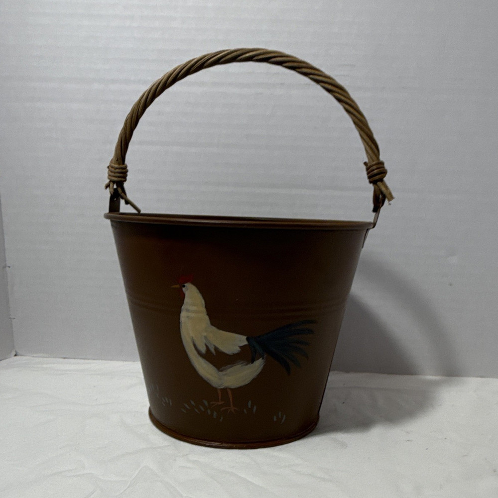Brown Metal Decorative Bucket Pail w/ Rope Handle, Rooster Pattern 8x5x6