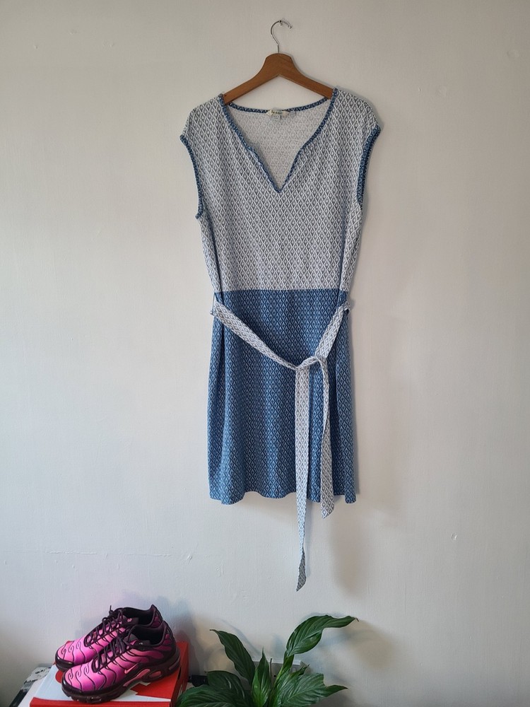 Boden Blue & White Notch Neck Jersey Sleeveless Dress with Belt Size 16 R