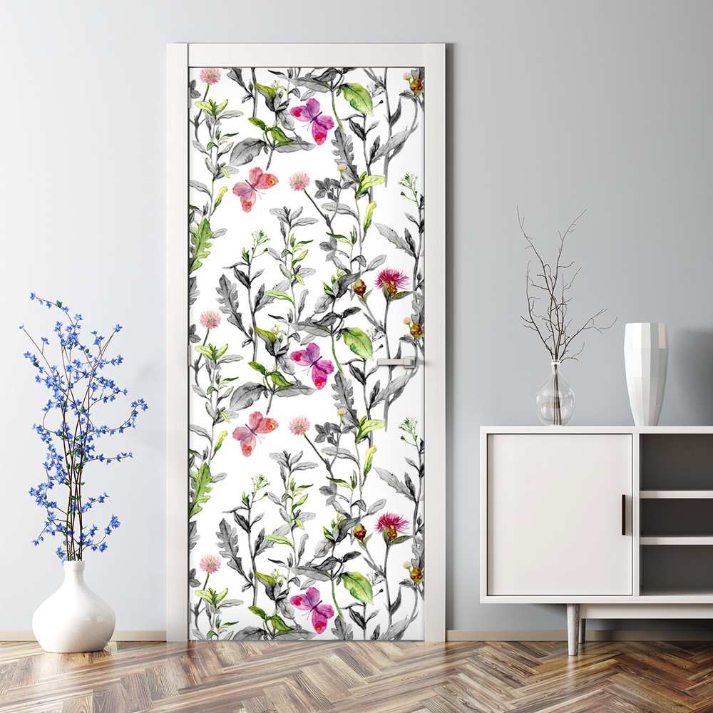 Meadow flowers Renters Floral and butterfly Pattern Self Adhesive Door Decal