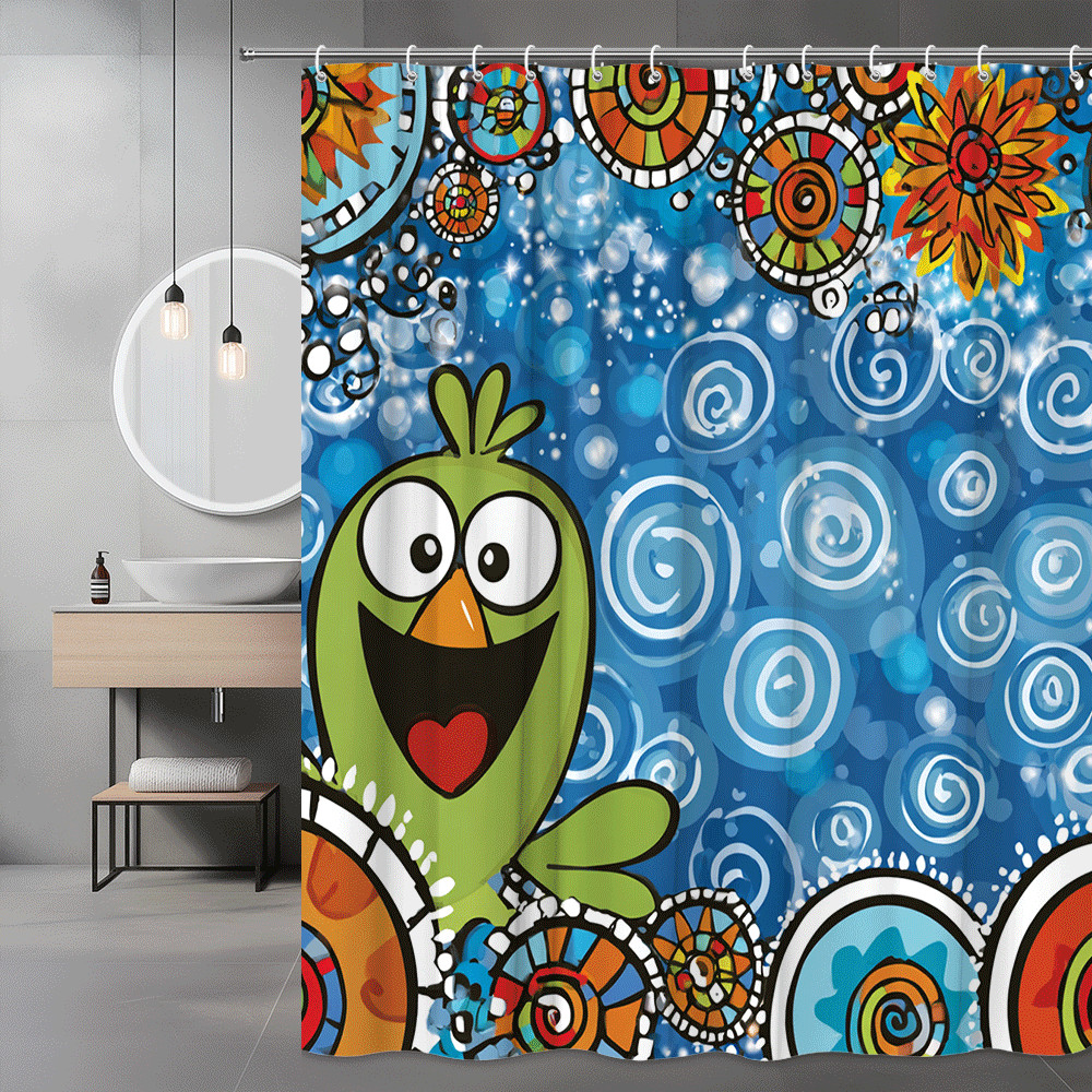 Cartoon Bird Blue Swirl Shower Curtain