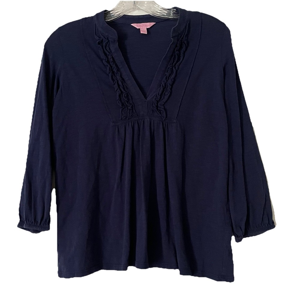 LILLY PULITZER Womens Size Small Navy Blue Ruffle Neckline Pima Cotton Shirt Top