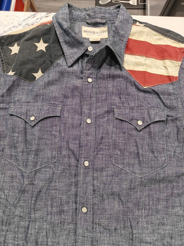 Denim & Supply Ralph Lauren Denim Pearl Snap Shirt Mens XL Blue American Flag