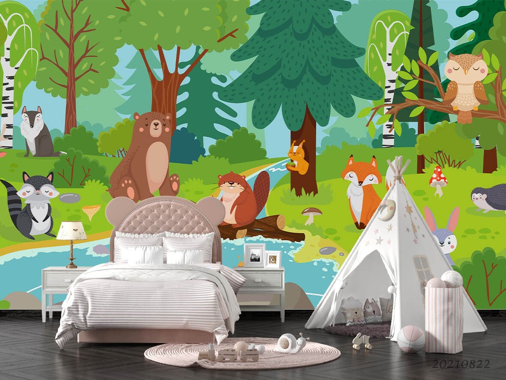 3D Forest Lake Animal Kids Self-adhesive Removeable Wallpaper Wall Mural1