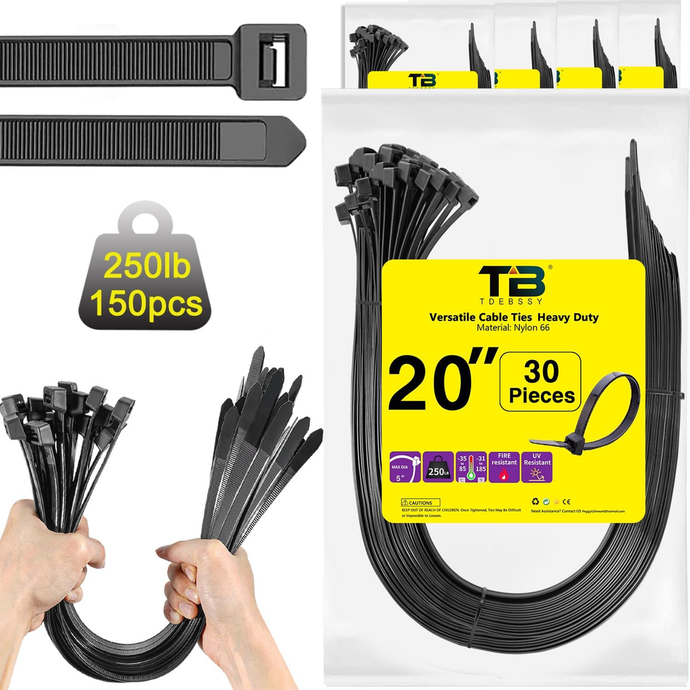 Heavy Duty 20 Inch Large Zip Ties 250 Lbs Capacity 150 Pack