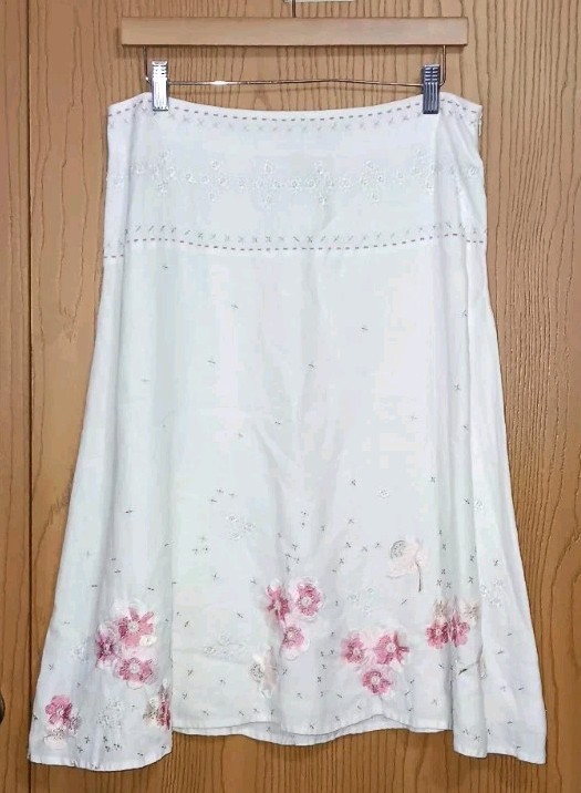 Alexandra Bartlett 100% Linen Embroidered Midi Skirt Womens Size 12 White...