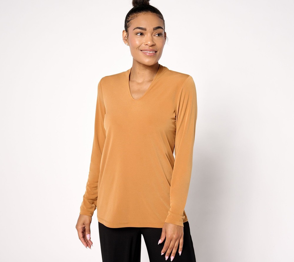 Susan Graver Women's Top Sz S Essentials Liquid Knit Voop Neck Yellow A672463