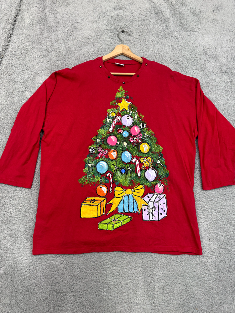 Festive Red Abstract Xmas Tree Ugly Grandmacore Womens 1X Holiday Shirt-image