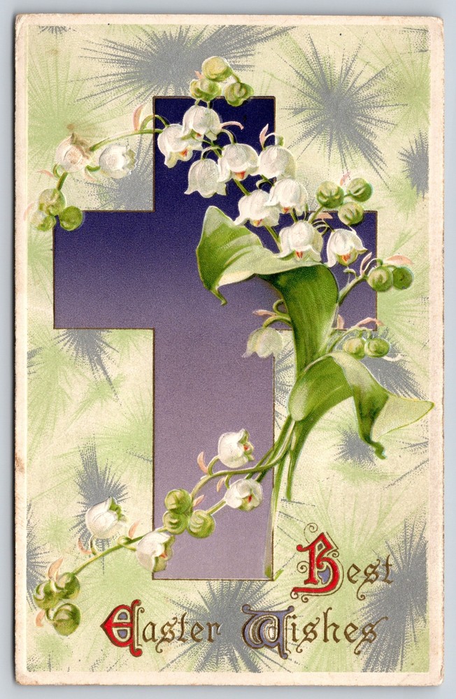Holiday~Best Easter Wishes~Purple Cross~White Flowers~Winsch PM 1910 Postcard