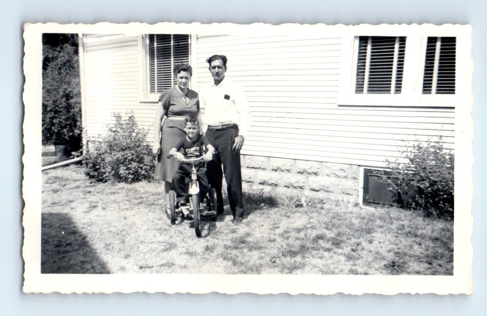 Old Vintage Photo MAN WOMAN BOY RIDING TOY TRICYCLE OUTSIDE HOUSE SNAPSHOT
