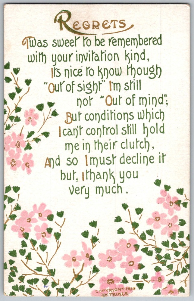Antique Postcard Regrets Floral Greeting 1910s