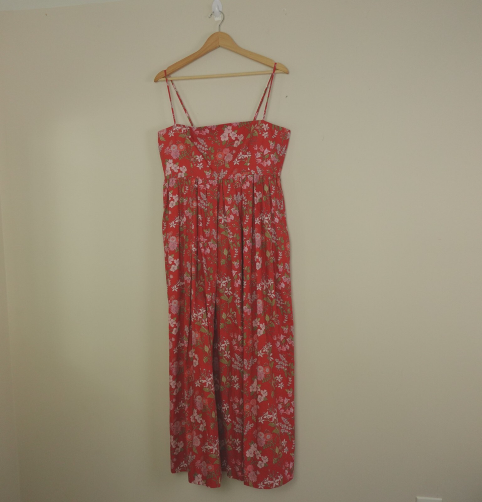Coco Shop Dress Womens Large Red Pink Floral Multi Maxi Skinny Strap Poof Resort