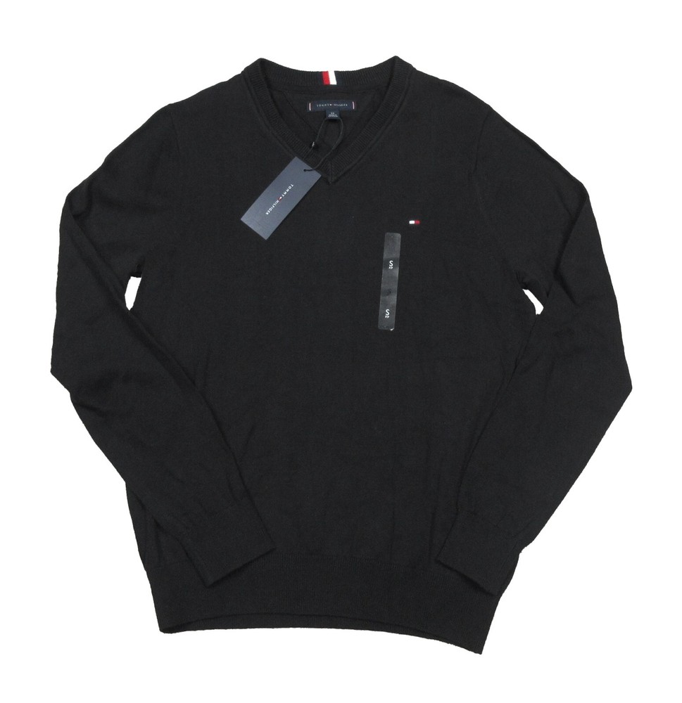 Tommy Hilfiger Mens Black Cotton V-Neck Pullover Sweater