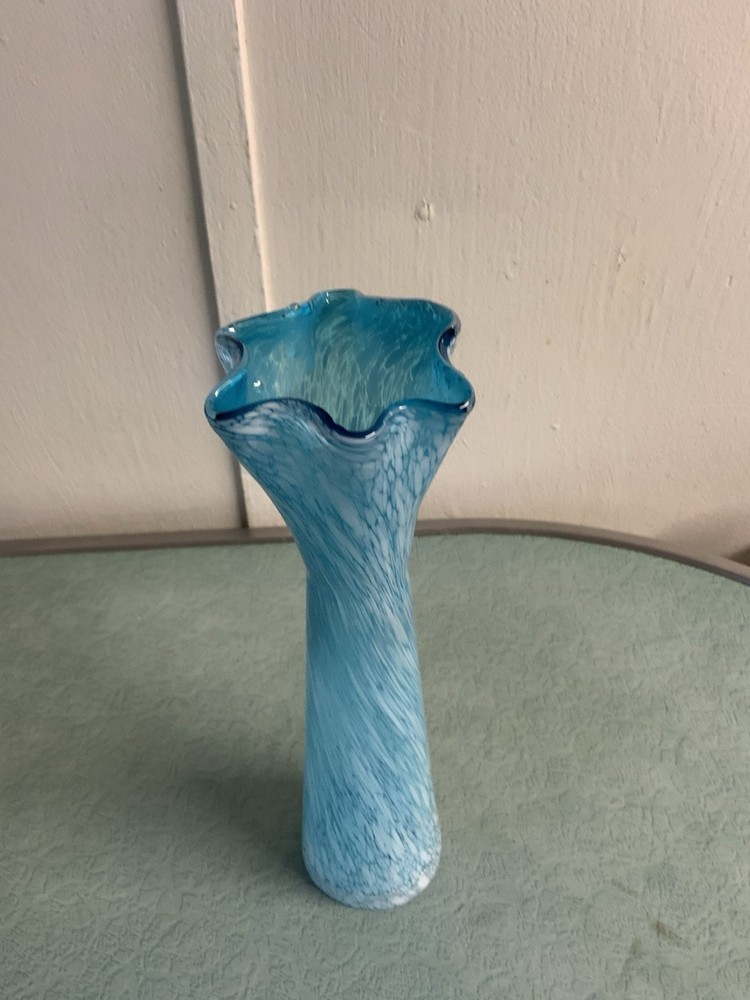 Unmarked Blue & White Art Glass Vase Tall Swirl Pattern Ruffled Rim