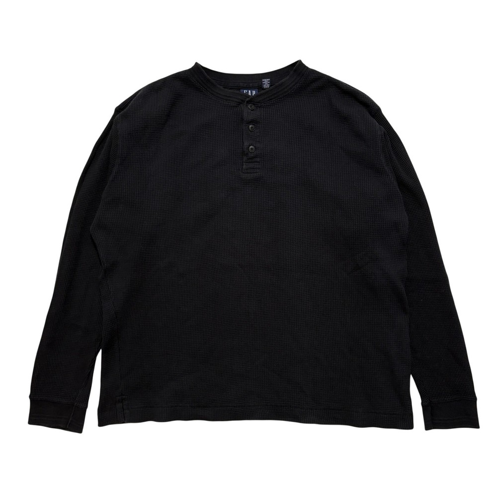 VTG 90's Gap Button Up Henley Waffle Thermal Shirt Black Men's L